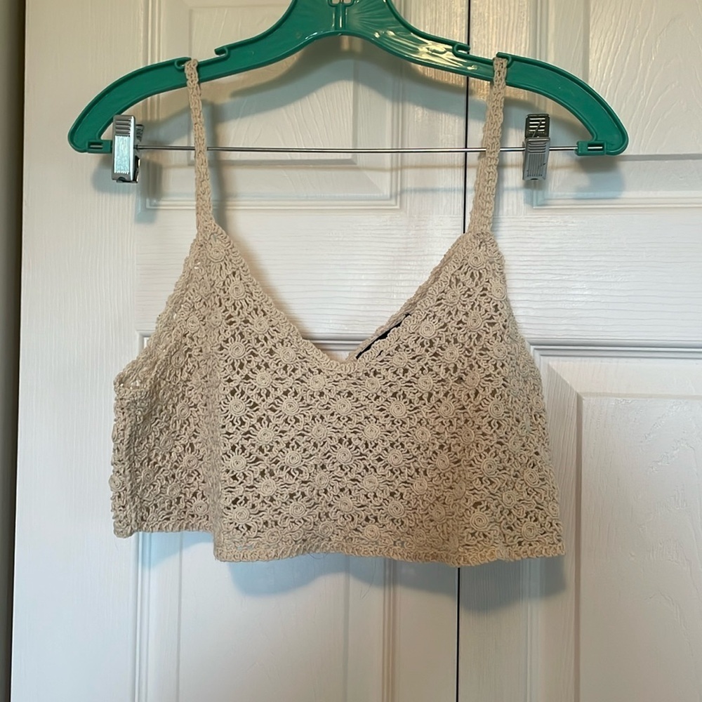 SHEIN Crocheted cream halter top rose pattern. 18”w. 14.5 L from shoulder.